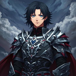 Anime human adult man with medium-length black hair and striking blue eyes, clad in intricately designed dark lord armor adorned with silver and crimson accents