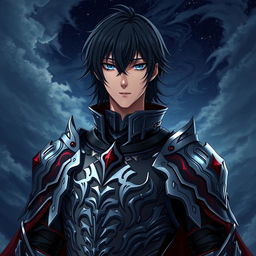Anime human adult man with medium-length black hair and striking blue eyes, clad in intricately designed dark lord armor adorned with silver and crimson accents