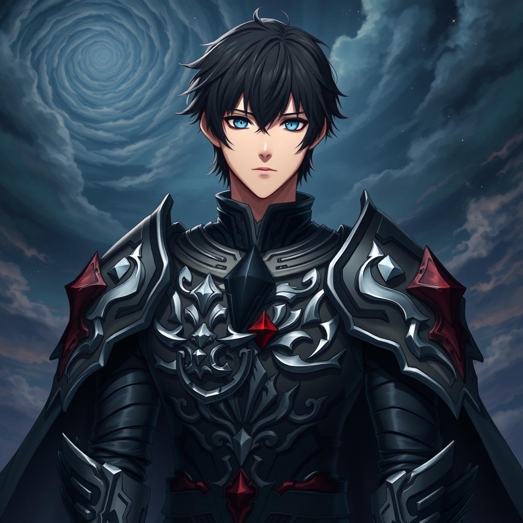 Anime human adult man with medium-length black hair and striking blue eyes, clad in intricately designed dark lord armor adorned with silver and crimson accents