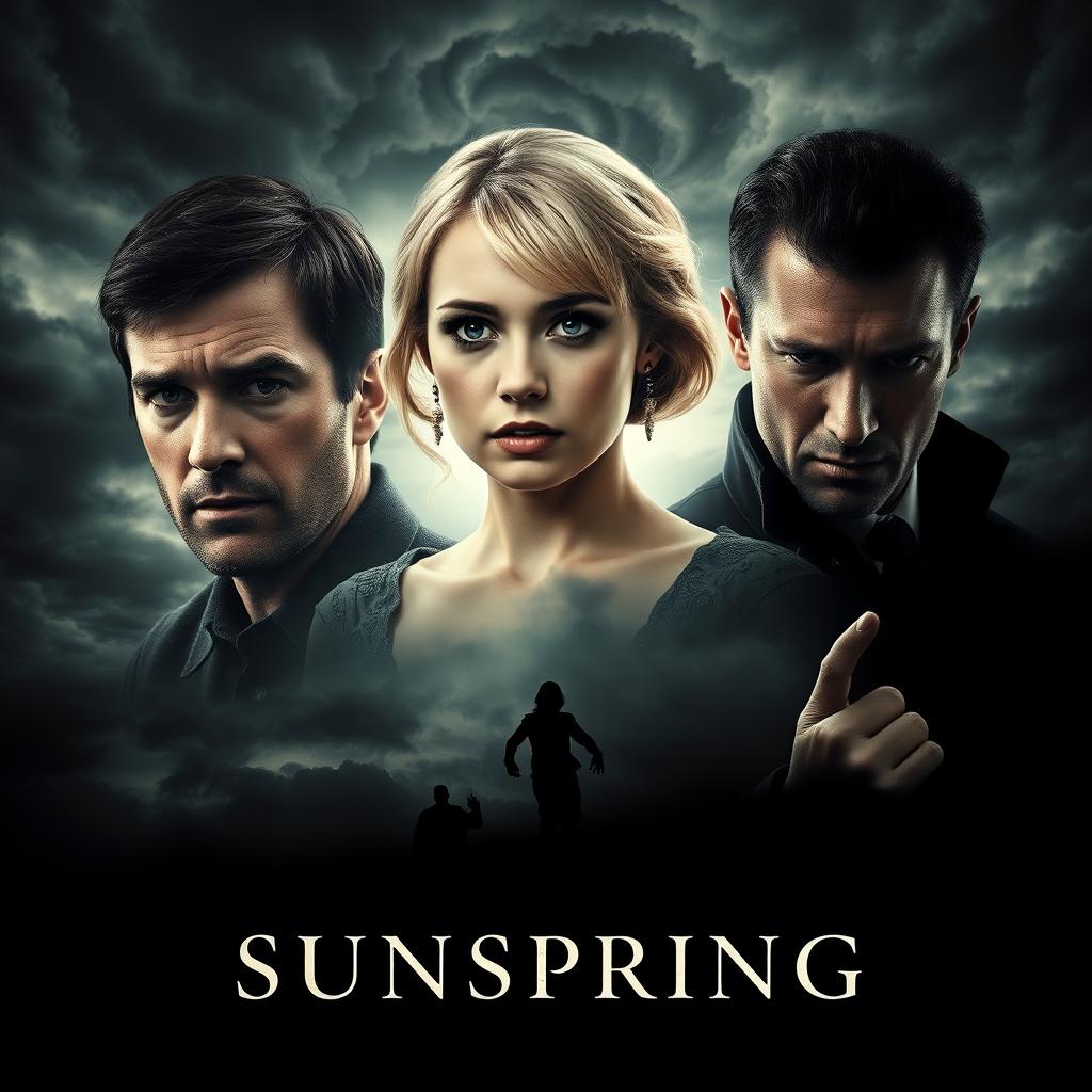 A gripping and atmospheric movie poster for the film titled "Sunspring," highlighting its themes of betrayal, melancholy, murder, and possessive jealousy