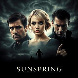 A gripping and atmospheric movie poster for the film titled "Sunspring," highlighting its themes of betrayal, melancholy, murder, and possessive jealousy