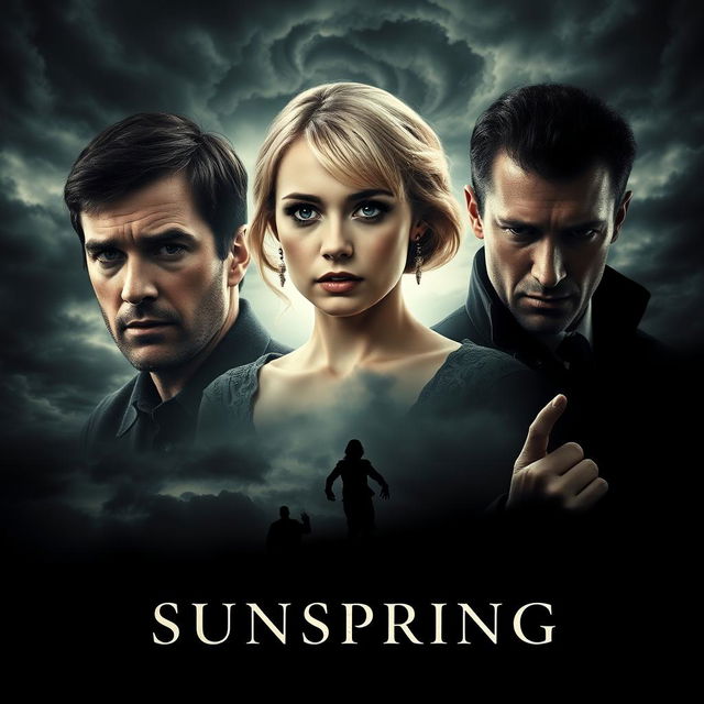 A gripping and atmospheric movie poster for the film titled "Sunspring," highlighting its themes of betrayal, melancholy, murder, and possessive jealousy