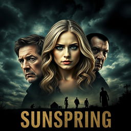 A gripping and atmospheric movie poster for the film titled "Sunspring," highlighting its themes of betrayal, melancholy, murder, and possessive jealousy