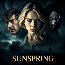 A gripping and atmospheric movie poster for the film titled "Sunspring," highlighting its themes of betrayal, melancholy, murder, and possessive jealousy