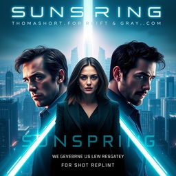 A futuristic and dramatic poster for the short film "Sunspring," prominently featuring the actors Thomas Middleditch and Humphrey Ker as the two men, alongside Elisabeth Gray as the woman