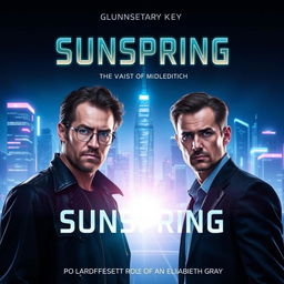 A futuristic and dramatic poster for the short film "Sunspring," prominently featuring the actors Thomas Middleditch and Humphrey Ker as the two men, alongside Elisabeth Gray as the woman