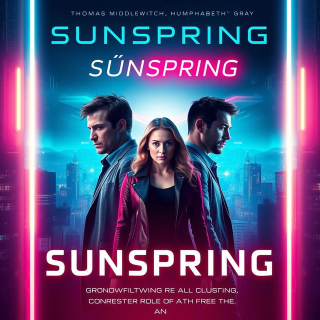 A futuristic and dramatic poster for the short film "Sunspring," prominently featuring the actors Thomas Middleditch and Humphrey Ker as the two men, alongside Elisabeth Gray as the woman