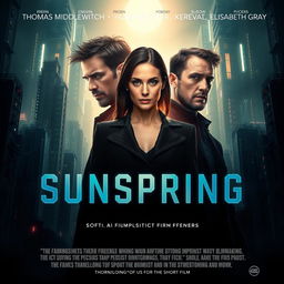 An impressive and futuristic poster for the short film "Sunspring," featuring the actors Thomas Middleditch and Humphrey Ker as the two men, alongside Elisabeth Gray as the woman