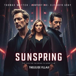 An impressive and futuristic poster for the short film "Sunspring," featuring the actors Thomas Middleditch and Humphrey Ker as the two men, alongside Elisabeth Gray as the woman