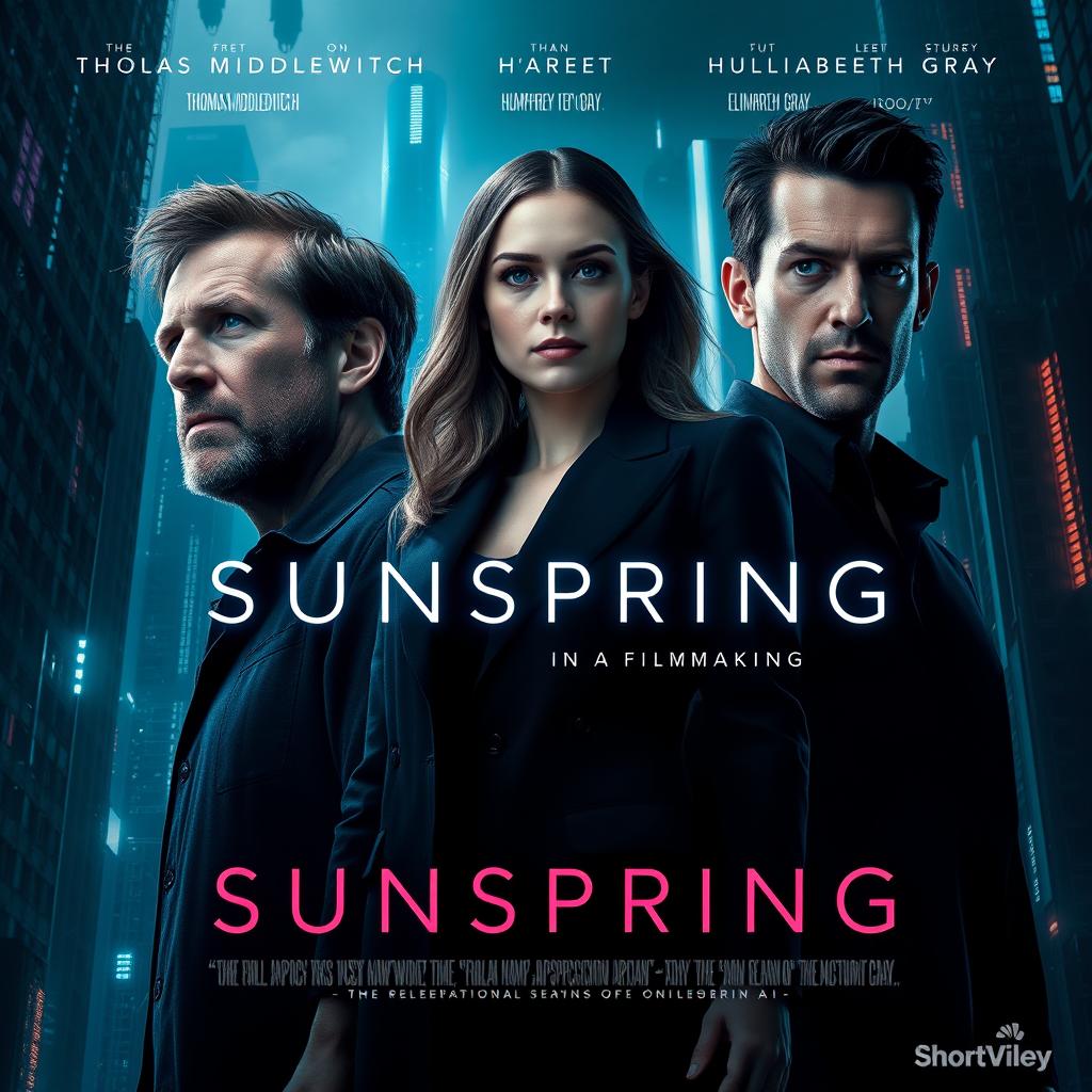 An impressive and futuristic poster for the short film "Sunspring," featuring the actors Thomas Middleditch and Humphrey Ker as the two men, alongside Elisabeth Gray as the woman