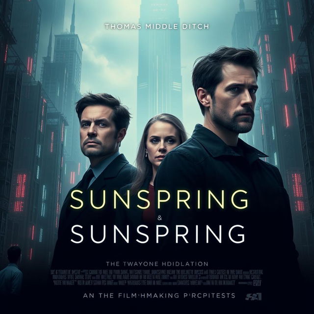 An impressive and futuristic poster for the short film "Sunspring," featuring the actors Thomas Middleditch and Humphrey Ker as the two men, alongside Elisabeth Gray as the woman