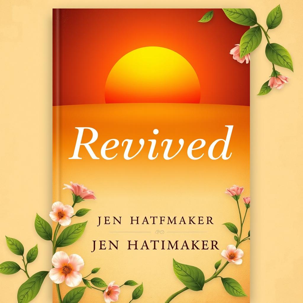 A striking book cover design for 'Revived' by Jen Hatmaker featuring warm, earthy tones with a vibrant sunrise in the background symbolizing renewal and hope