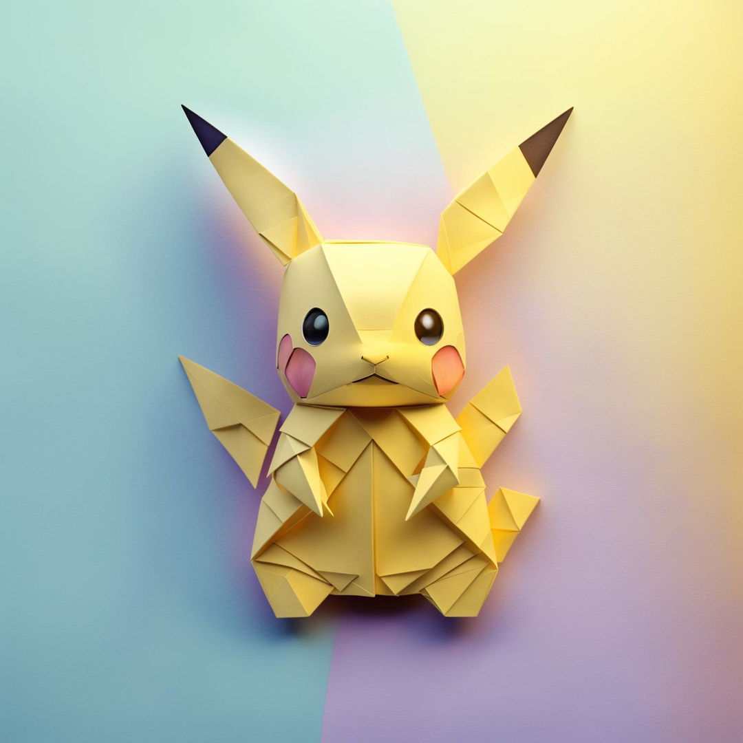 An origami Pikachu stands out against a minimalist pastel color gradient background, transitioning from baby blue to lavender to peach.