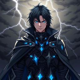 Anime human adult man with an intense, angry expression, featuring shoulder-length black hair and piercing blue eyes