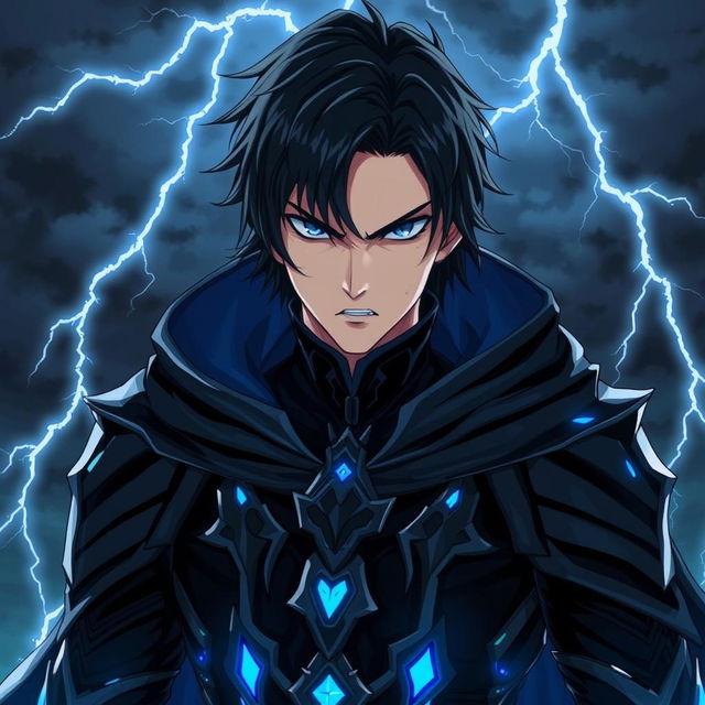 Anime human adult man with an intense, angry expression, featuring shoulder-length black hair and piercing blue eyes