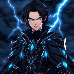 Anime human adult man with an intense, angry expression, featuring shoulder-length black hair and piercing blue eyes
