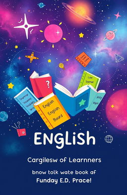A whimsical and vibrant book cover design for a language learning book aimed at English learners
