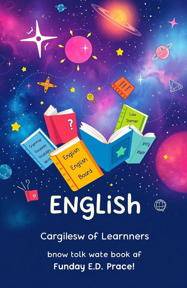 A whimsical and vibrant book cover design for a language learning book aimed at English learners