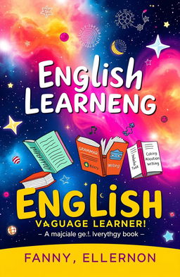 A whimsical and vibrant book cover design for a language learning book aimed at English learners