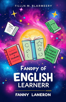 A whimsical and vibrant book cover design for a language learning book aimed at English learners