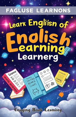 A whimsical and vibrant book cover design for a language learning book aimed at English learners