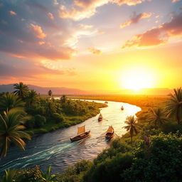 A breathtaking landscape scene depicting the majestic Rio Nilo (Nile River) flowing through a lush, green valley
