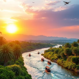 A breathtaking landscape scene depicting the majestic Rio Nilo (Nile River) flowing through a lush, green valley