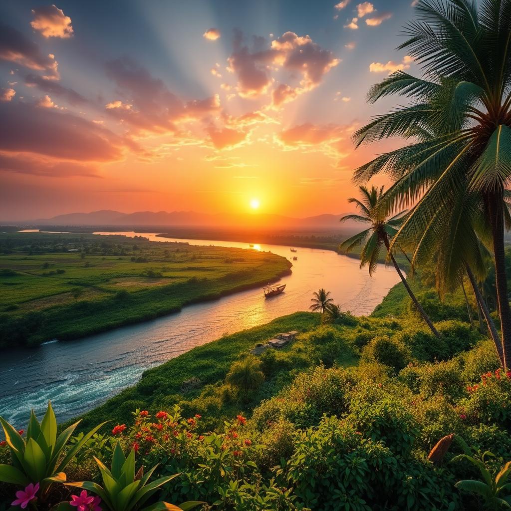 A breathtaking landscape scene depicting the majestic Rio Nilo (Nile River) flowing through a lush, green valley