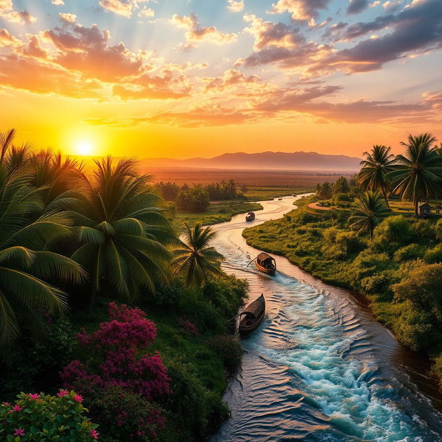 A breathtaking landscape scene depicting the majestic Rio Nilo (Nile River) flowing through a lush, green valley