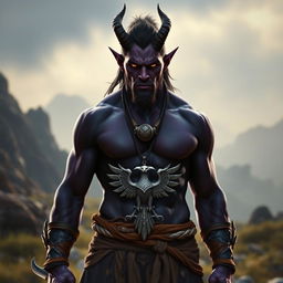 A photorealistic image of a male tiefling barbarian, featuring dark purple, almost black skin