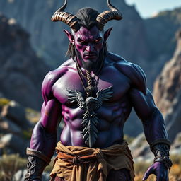 A photorealistic image of a male tiefling barbarian, featuring dark purple, almost black skin