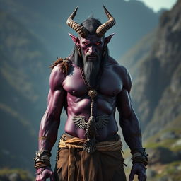 A photorealistic image of a male tiefling barbarian, featuring dark purple, almost black skin