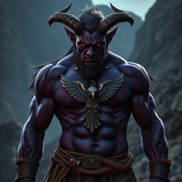 A photorealistic image of a male tiefling barbarian, featuring dark purple, almost black skin