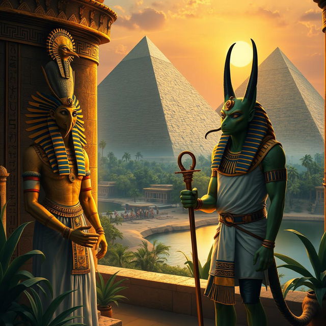 An elaborate and detailed depiction of ancient Egyptian gods in a mystical setting