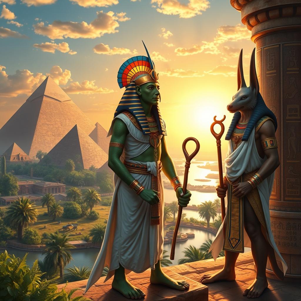 An elaborate and detailed depiction of ancient Egyptian gods in a mystical setting