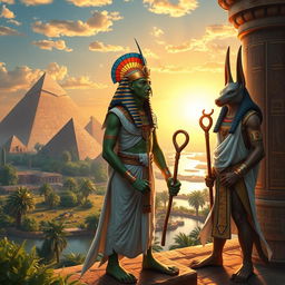 An elaborate and detailed depiction of ancient Egyptian gods in a mystical setting