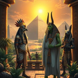 An elaborate and detailed depiction of ancient Egyptian gods in a mystical setting