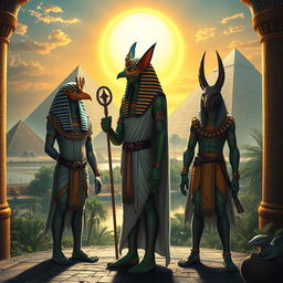 An elaborate and detailed depiction of ancient Egyptian gods in a mystical setting
