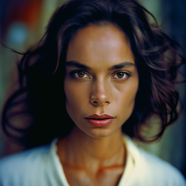 A 200mm portrait of a woman with striking features, set against a blurred background.