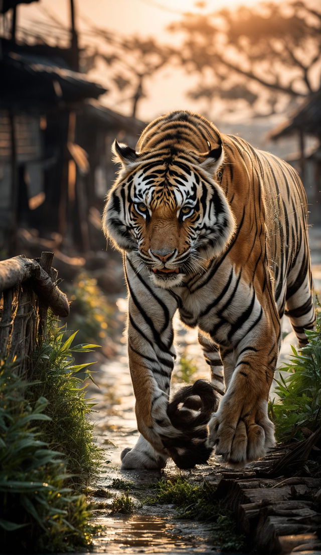 A high-definition image in Franz Lanting's style featuring a tiger prowling a rural village at dawn. The scene is raw and unfiltered with ultra-sharp details.