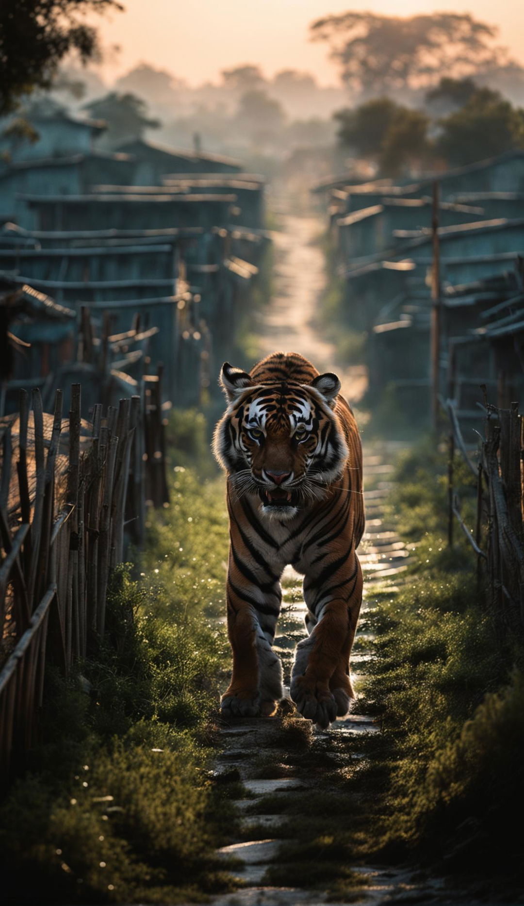 A high-definition, raw, unfiltered image in the style of Franz Lanting's wildlife photography, featuring a tiger prowling a rural village at dawn. The tiger is a long-distance subject, and the image is ultra-detailed.