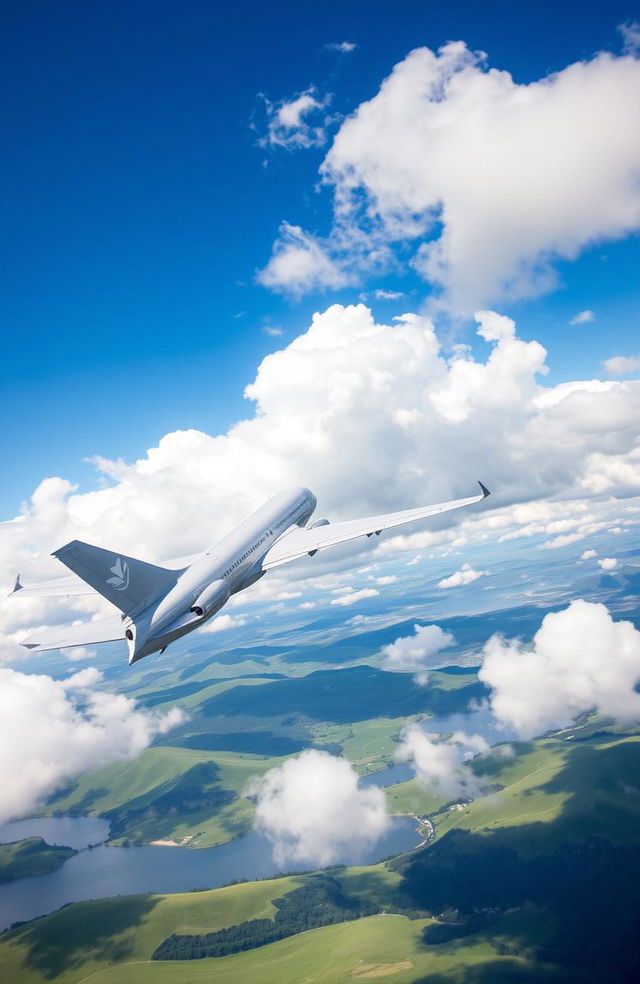 A sleek and modern airplane soaring through a bright blue sky, with fluffy white clouds surrounding it