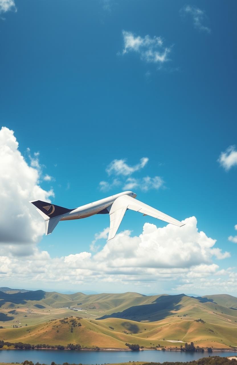 A sleek and modern airplane soaring through a bright blue sky, with fluffy white clouds surrounding it