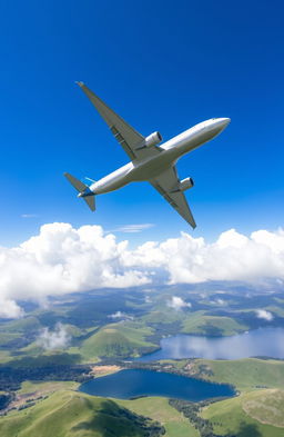 A sleek and modern airplane soaring through a bright blue sky, with fluffy white clouds surrounding it