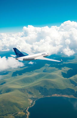 A sleek and modern airplane soaring through a bright blue sky, with fluffy white clouds surrounding it