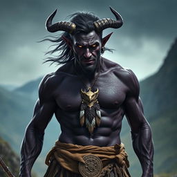 A photorealistic image of a male tiefling barbarian, showcasing his dark purple, almost black skin