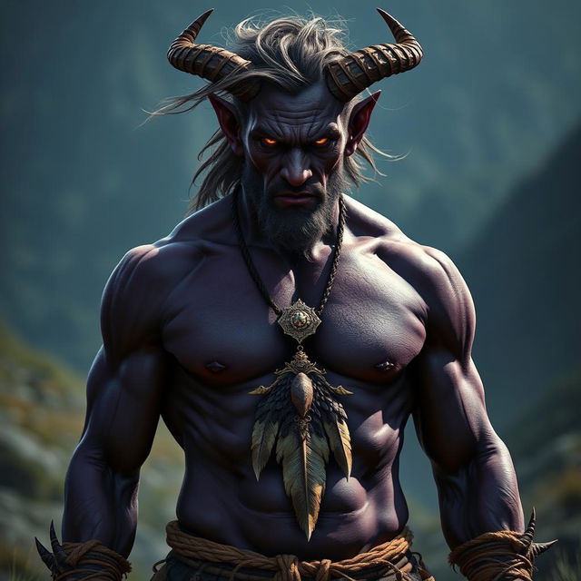 A photorealistic image of a male tiefling barbarian, showcasing his dark purple, almost black skin