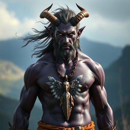 A photorealistic image of a male tiefling barbarian, showcasing his dark purple, almost black skin