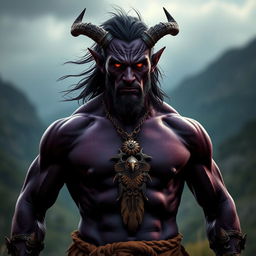 A photorealistic image of a male tiefling barbarian, showcasing his dark purple, almost black skin