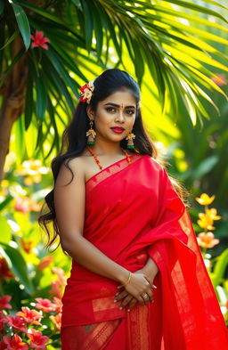 A captivating image depicting a striking figure of a beautiful woman dressed in a traditional Sri Lankan outfit, featuring a bright red sarong that flows elegantly around her